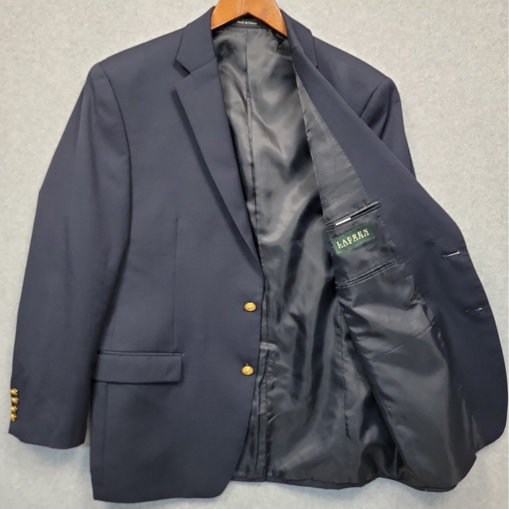 Lauren Ralph Lauren Men 42R Wool Blazer Sport Coat Jacket Navy Blue Gold Button - Picture 1 of 15